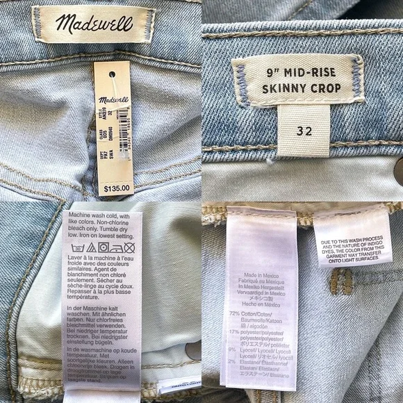Madewell 9” Mid-Rise Skinny Crop Coolmax Jeans Simon Wash Blue Size 32 NWT - Picture 5 of 9